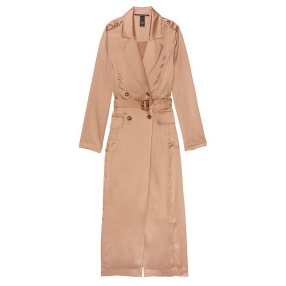 🌟 NWOT VS Beige Long Satin Double-Breasted Trench Coat Robe with Belt Tie Waist - Picture 2 of 9